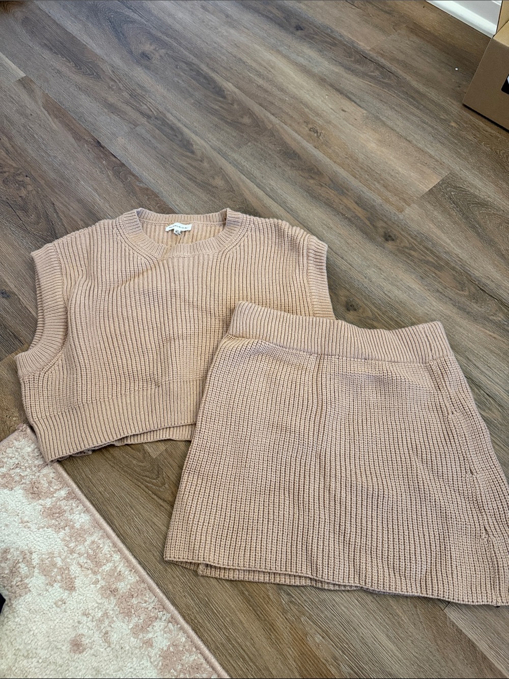 Knit Two-Piece Set - Tan Sweater Vest & Skirt